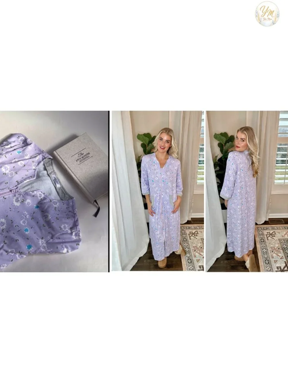 Women's Zipper Robe 3/4 Sleeve Long Housecoat with Pockets, Full Length